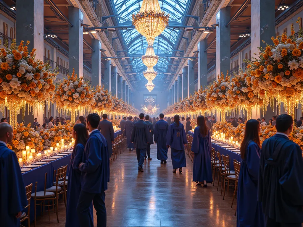 Create an image where there is a graduation party in navy blue and gold colors, the decoration must be clearly visible, The imag...