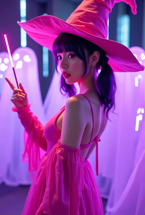 The busty Japanese beauty, wearing a pink witch outfit with two purple pigtails and a witch's hat, accentuating the slit show, ...