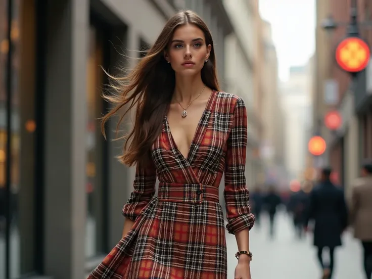 Fashion styles girl walking right site full body, And Plaid Perfection will have this dress on its body.