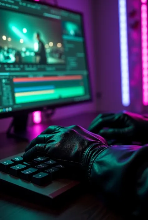 A dark, cinematic close-up of a gloved hand (black leather with subtle metallic accents) typing on a mechanical keyboard, illumi...