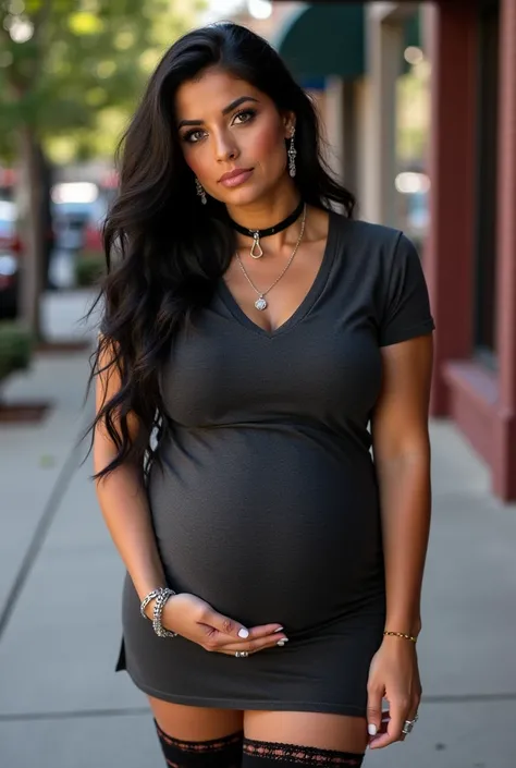 Experience a captivating portrait of a 32-year-old pregnant Latina woman, bend over on all fours, curvaceous with long, black ha...