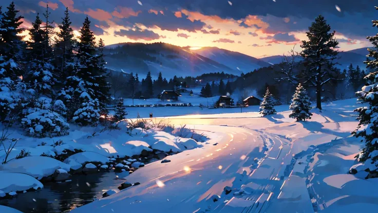 winter, evening, forest in snow, village lights in the distance