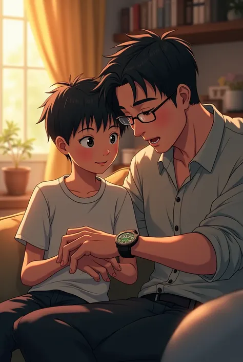 A young man and an anime father are sitting in the father's room to download a watch and show it to me his son