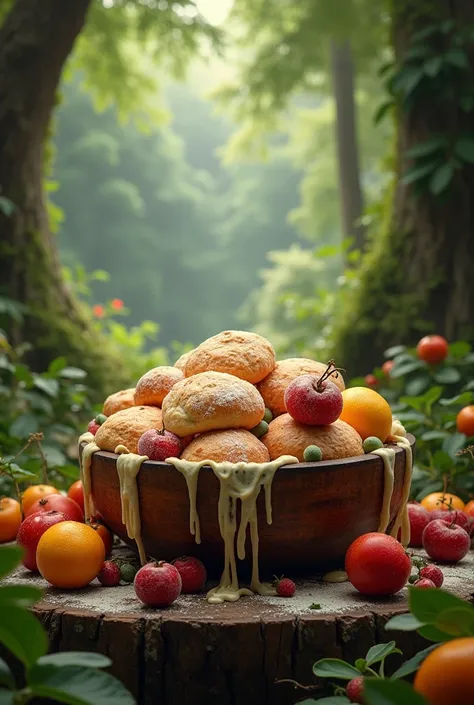The large bowl in the center with dough and fruits. in the woods