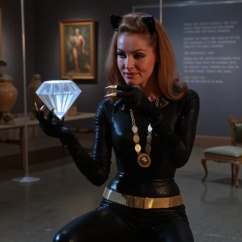 c4tw0m4n woman, full catsuit, ankle boots with (high heels), short gold claws at the fingertips of her black latex gloves, sexy,...