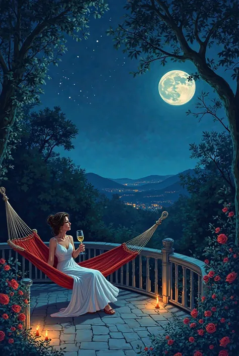 Bright dark blue colored sky is moonlit and starry night, on the terrace in a red hammock a woman in a white dress drinks champa...