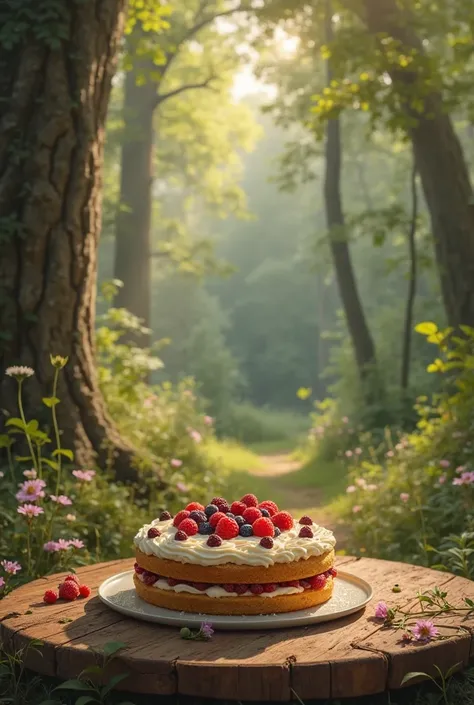 The finished cake on a rustic table in the woods.