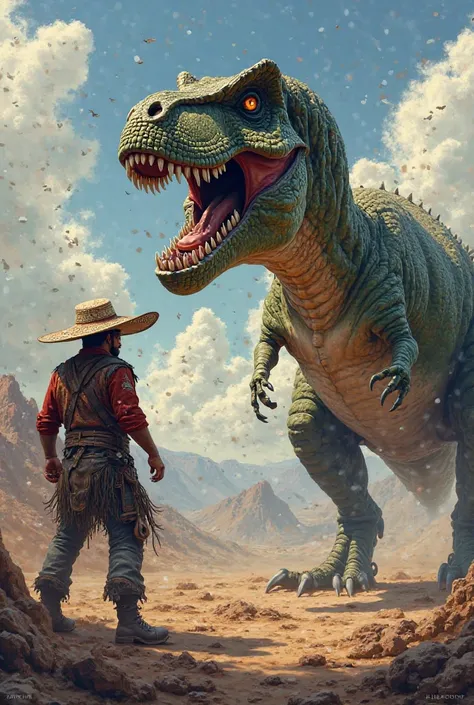 A T-rex that represents Saltillo from the front and about to fight with a Northerño wearing a hat that represents Monterrey, bot...