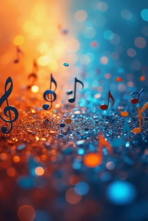 Orange and blue musical background with bright blue and orange musical notes
