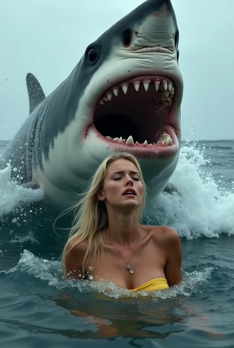"Create a hyper-realistic scene of a great white shark hunting a blonde, fair-skinned female beautiful boxum woman tourist in t...