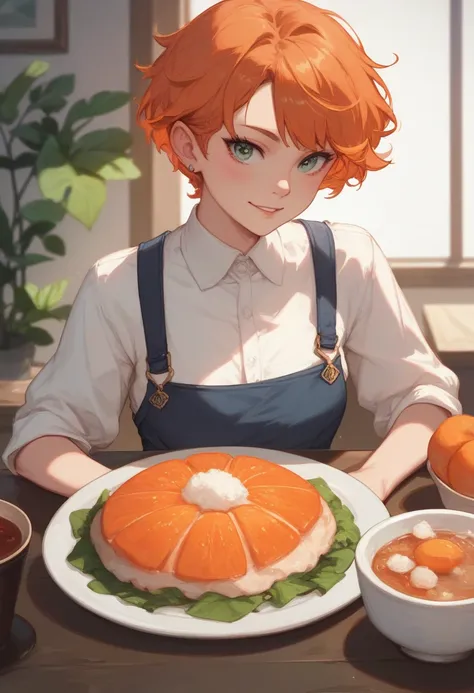 rice ogat, short orange hair, lentes
