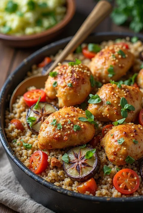 Maqlouba dish is a traditional Palestinian dish in which fried skinless chicken is cooked with grilled sliced eggplant, grilled ...