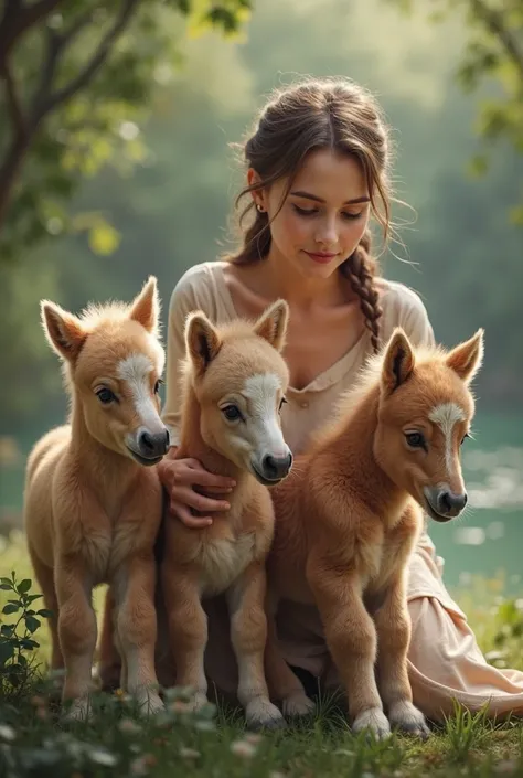 With one hand she holds 3 very cute baby horses = realistic with a very dense coat . The blurry background is of a forest with ...