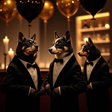 A refined modern flyer for the 17th anniversary of ‘VIVO’. Stylish animals in black tuxedos in a chic bar. Black and gold balloo...