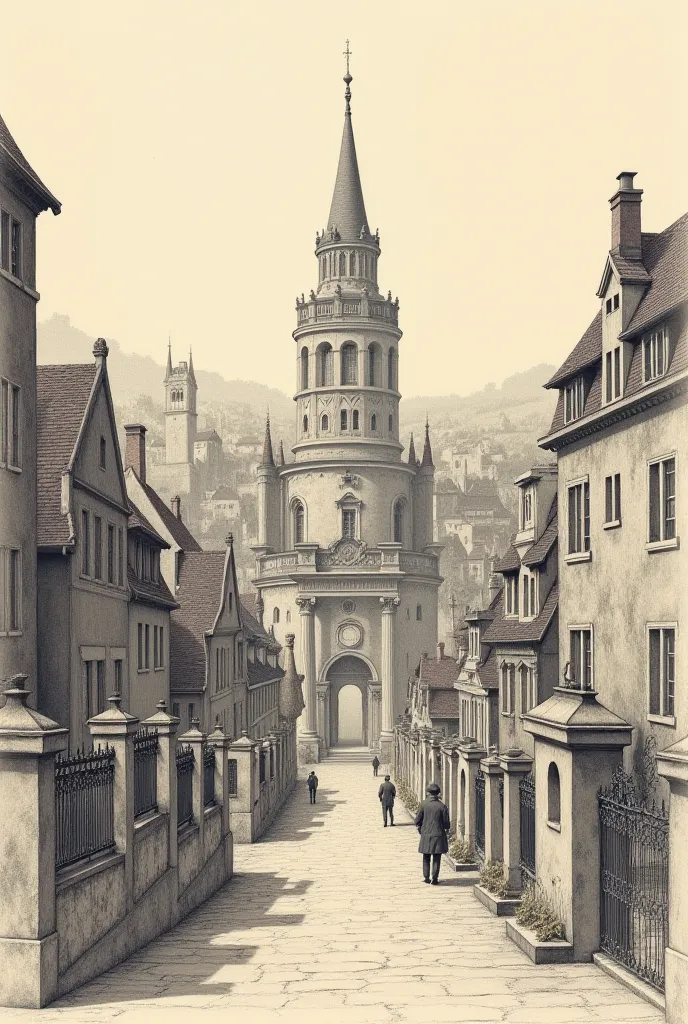 Can you give a faded vibe to the pencil drawing, See people only as details and focus on the French city in the 18th century. Le...