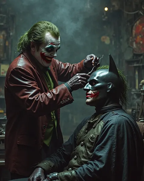 high-quality photorealistic portrait, Barber Joker, cuts batman, workshop, smoky lighting, sharp focus, detailed image, realisti...