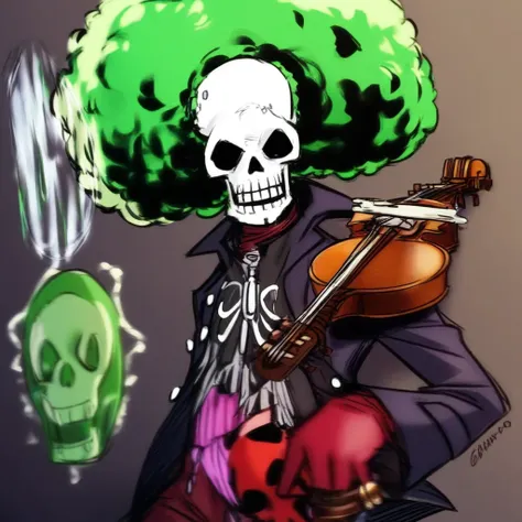 manga style colorful sketch in style of Kentaro Miura art showing Brook fom one piece anime shreds a skull-shaped guitar, brook ...