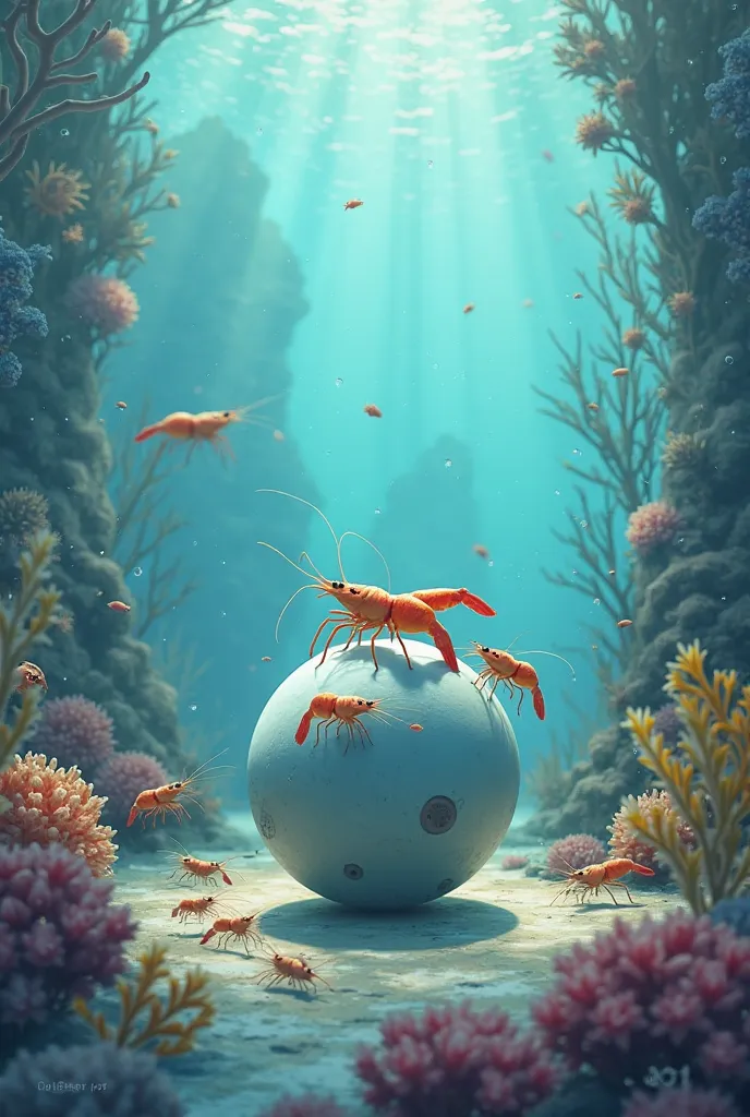 The image doesn't have sharks jumping out of the water to eat the shrimp and they're still touching the ball