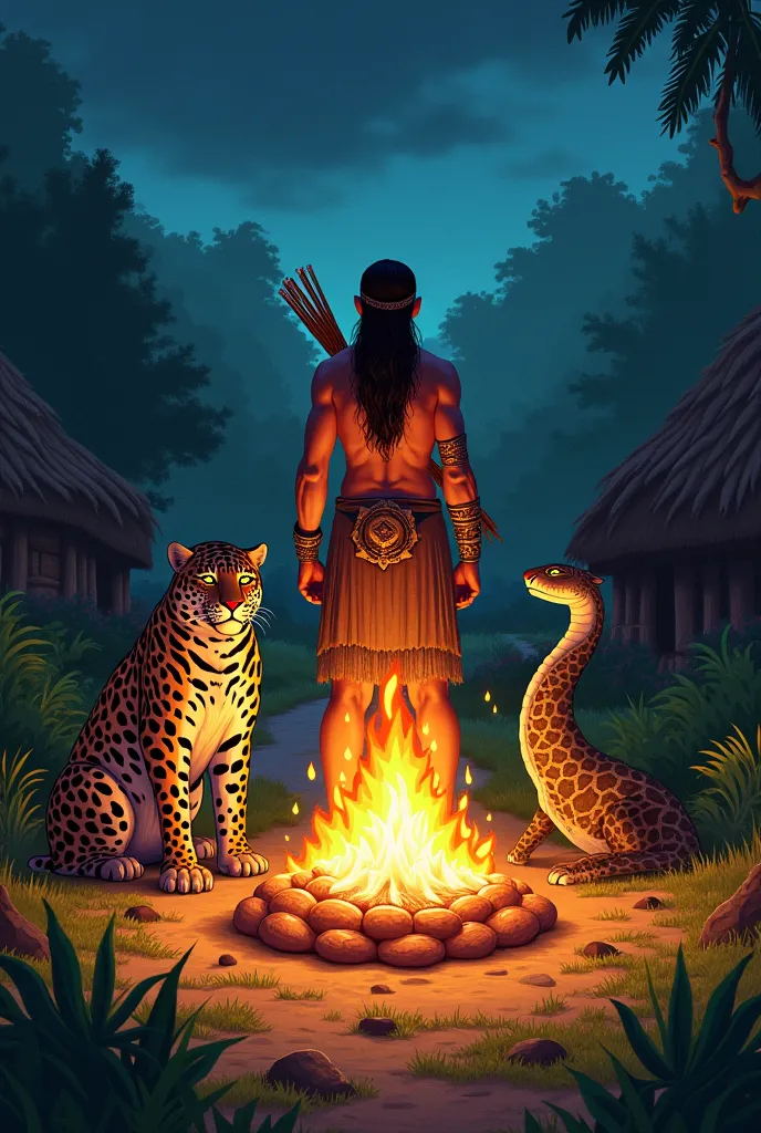 Indigenous village at a party around a bonfire, in the center and near the huge bonfire, there is an indigenous man with many ar...