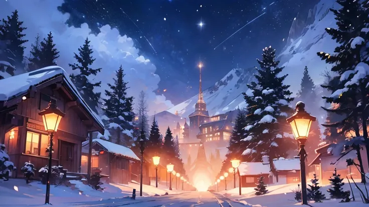 winter, evening, forest in snow, village lights in the distance