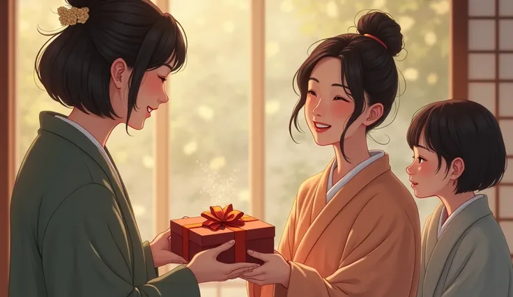 A Japanese woman smiling while holding a significant object, as a gift from a family, showing appreciation for what you already ...