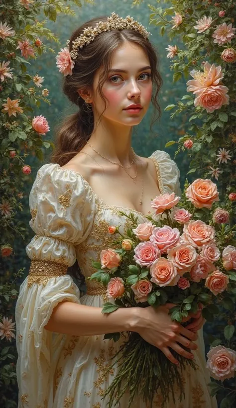 Create a painting of a very beautiful and delicate woman collecting roses and flowers in a garden in the old style of the 15th c...