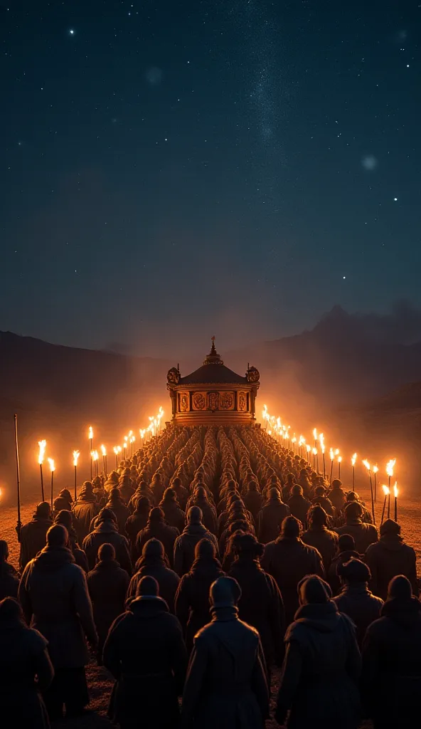 In the dead of night, a solemn funeral procession moves through the vast Mongolian steppe under a starlit sky. 2,000 people, inc...