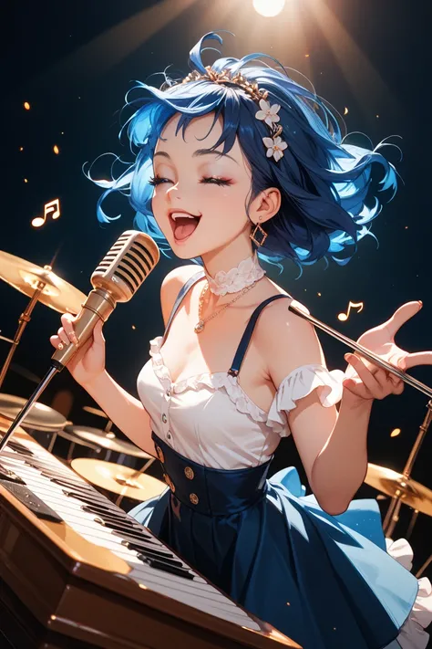 Is singing a song about a beautiful short girl with dark blue hair and small breasts