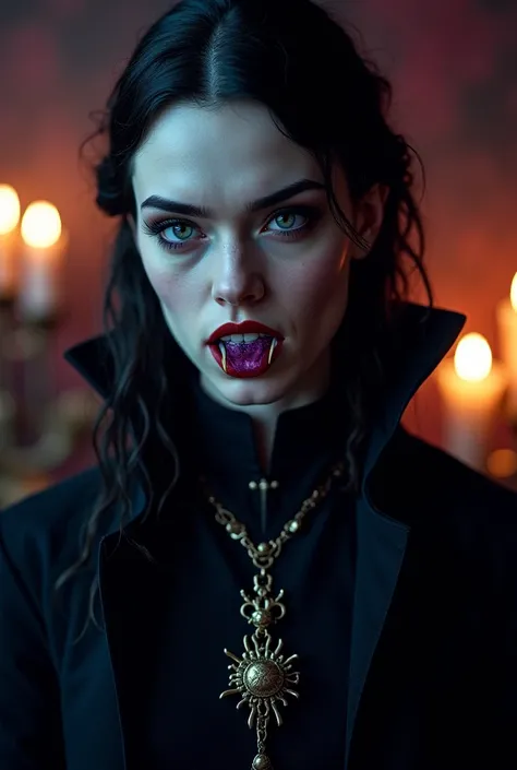 A vampire with canine teeth and purple eyes