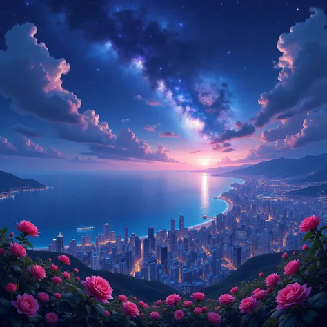 ((of the best quality))、((masterpiece))、((high definition))、((details))、A futuristic city and beautiful ocean can be seen in the...