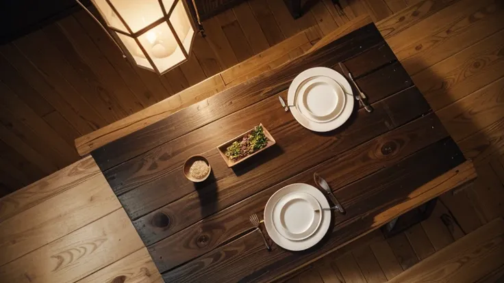 Overhead view of a rectangular wooden table, In the center an empty plate, And three hands stick out from the sides of the table...