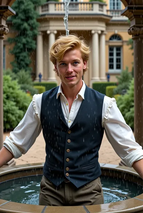 Handsome man in his thirties with blond hair and blue eyes, dressed in a white shirt and dark vest from 1860, smiles amused as h...