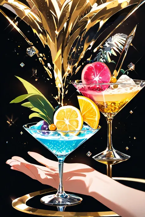 Luxury Cocktails, containing palm trees and diamonds fall from the palm trees into the slushies like toppings, slush logo that i...