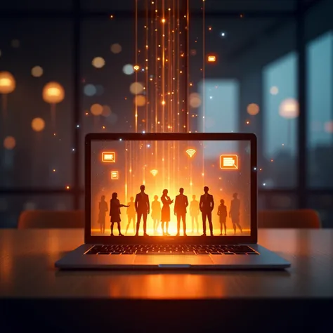 "A realistic digital scene showing an open modern laptop on a table, glowing with a strong orange light. From the screen, beams ...