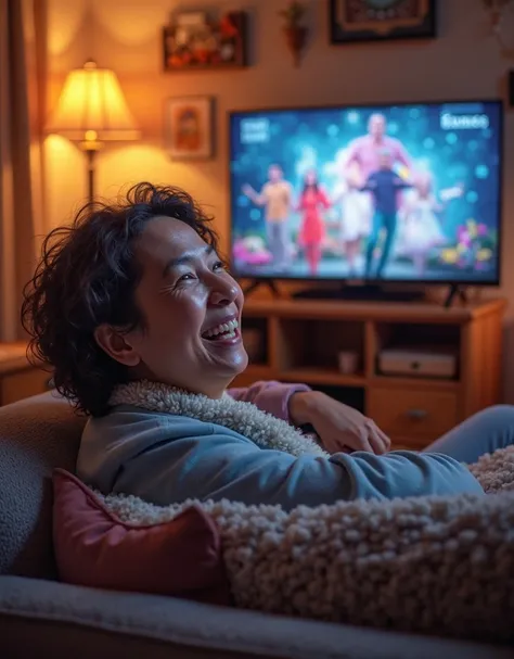 Make an image with an IPTV advertisement a person watching TV sitting in the living room very happy