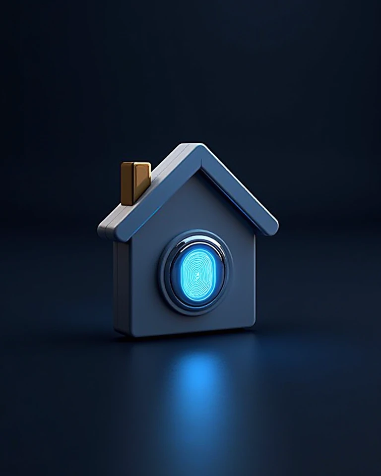 "A high-quality, professional 3D logo for 'Smart Home Taj Abaad,' featuring a futuristic house icon with a built-in fingerprint ...