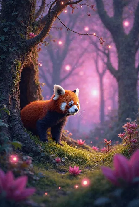 "The red panda, named Ember, steps out from a large tree hollow onto a glowing mossy forest floor. The forest is filled with lus...