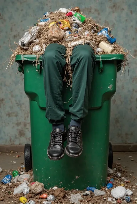 Malaysian school boy fully covered in trash and stuck upside down in green wheelie bin with his face completely burried beneath ...