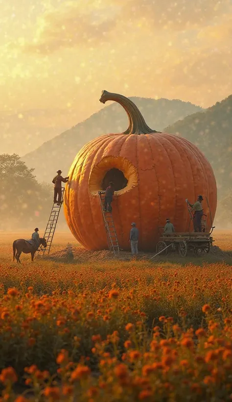 A colossal pumpkin sits in the middle of an expansive farmland, its surface glistening under the golden sunrise. Farmers in trad...