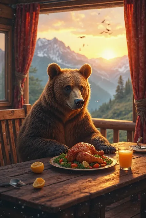Create me an image of a bear that is sitting at his table in the mountain cabin and is real and is eating a rich chicken in vege...