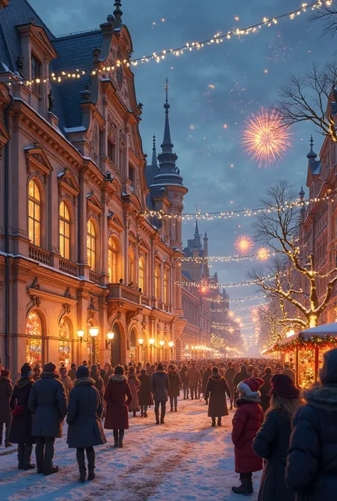 An image of the Oseaneum Stralsund and the heritage building and the new year with People outside or inside