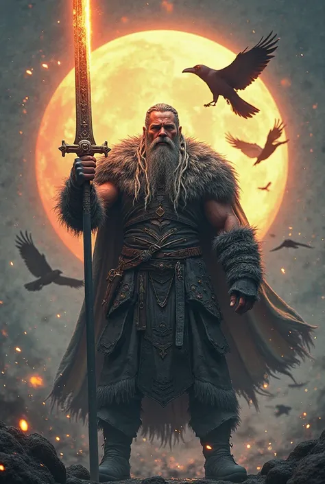 Viking man braided long hair, dressed in fur, Holds a glowing sword in the air, Background a bright radiant circle , Black raven...