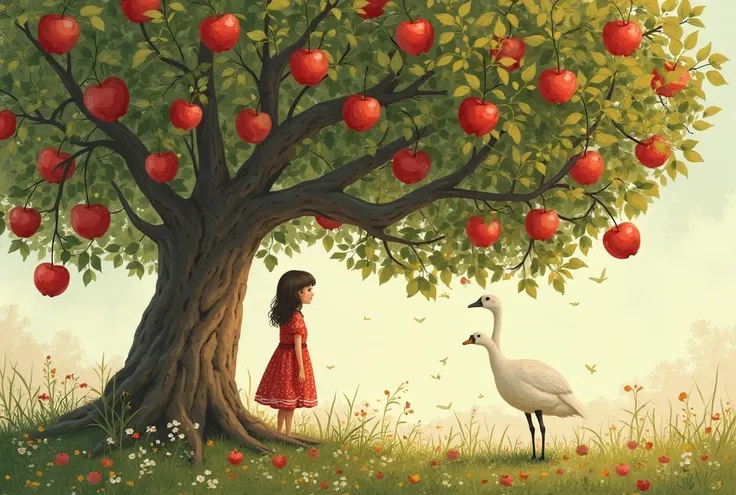 Create an illustration for the fairy tale Swan Geese
Description: A girl stands under a huge apple tree, hung with ripe apples. ...
