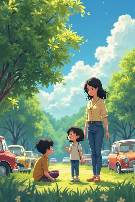 "Studio Ghibli-style illustration of a woman of approximately 35 years old (Renata, Lucas's mother) approaching with a warm and ...