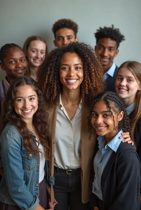 A curly haired lady, photo were being taken with 4 male students on the right side and 4 female students on the left side, as if...