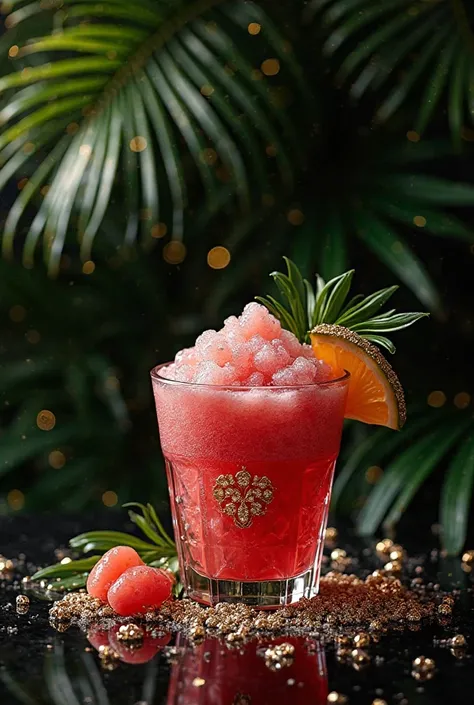 Luxury Cocktails, containing palm trees and diamonds fall from the palm trees into the slushies like toppings, slush logo that i...