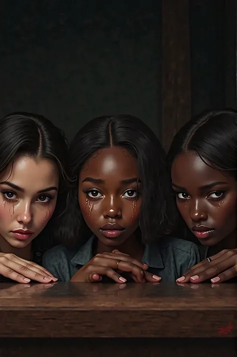 Create me a cover image for three young beautiful African ladies. Two is slim, fair ladies and one dark lady, who are behind the...