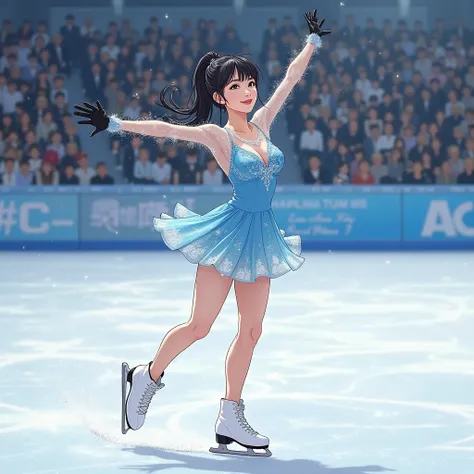 Anime art of a 35-year-old Japanese woman doing figure skating、ice skating arena with black gloves、I have black hair, my bangs a...