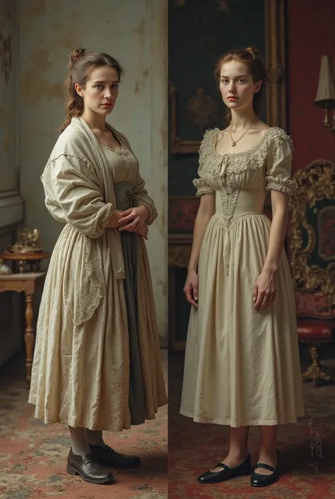  create a white woman , with clothes from the 1850 era. Do it with poor and rich clothes