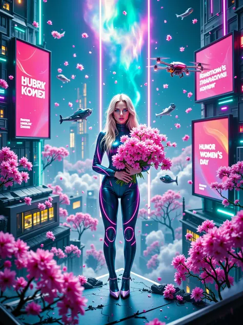 A breathtaking futuristic cityscape(close up 3:0) where a stunning Russian supermodel with long blonde hair and piercing blue ey...